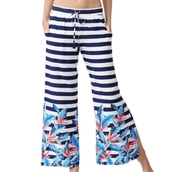 Tommy Bahama Beach Pants XL Navy Stripe Tropical Print Wide Leg Palmsparose NWT - Picture 3 of 11